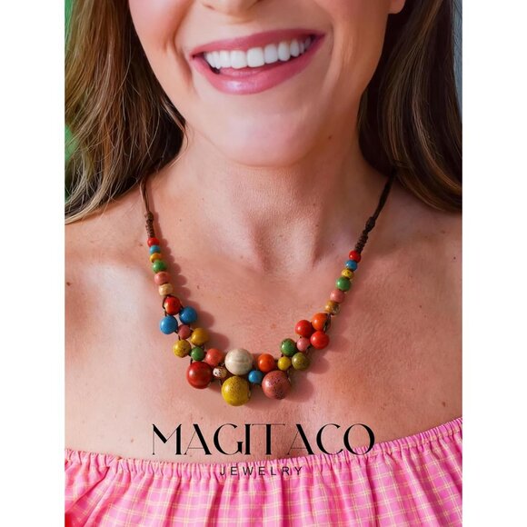 Chunky Boho Statement Necklace for Women - Handmade Colorful Ceramic Beaded Hipp - Picture 3 of 6